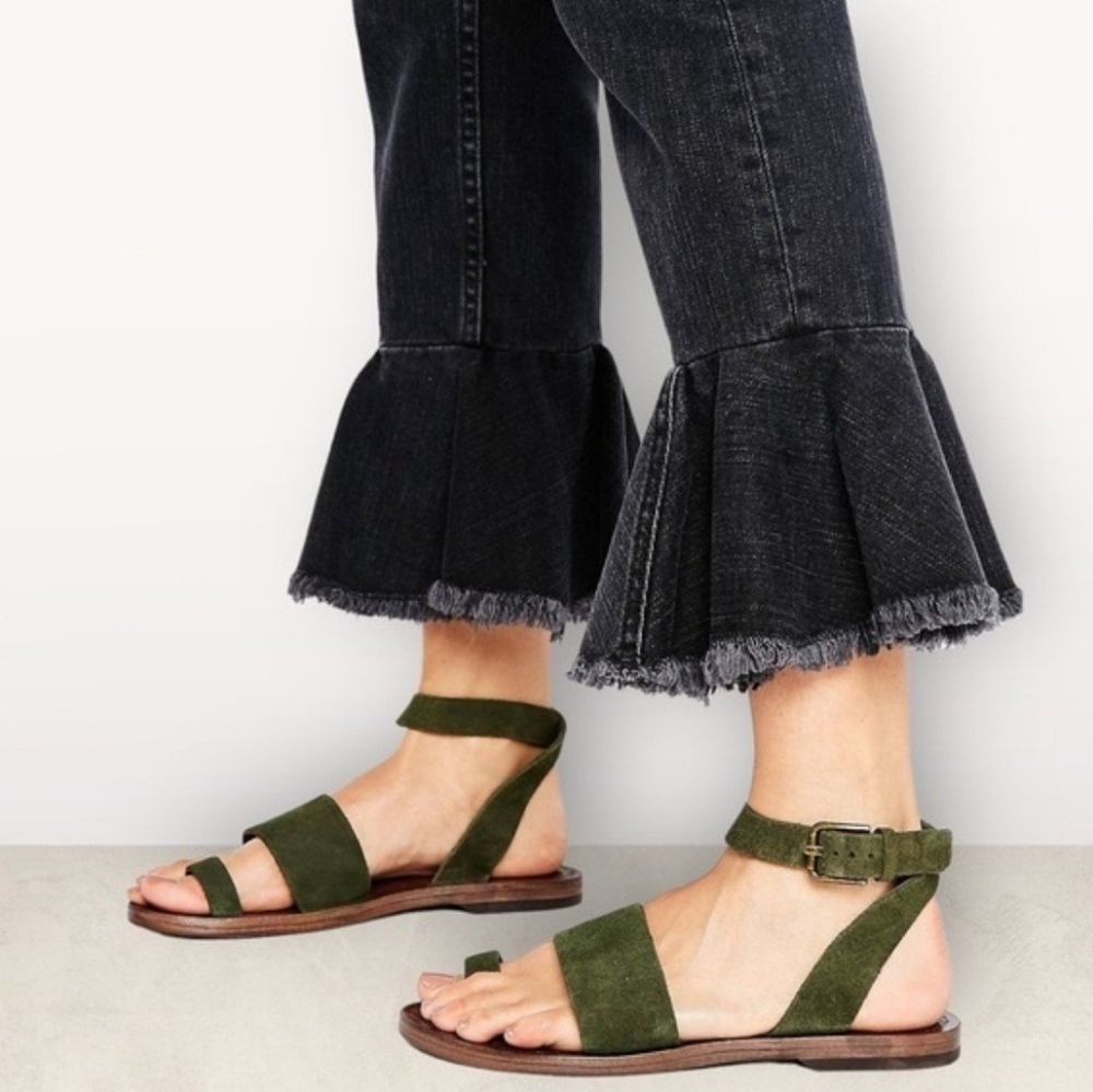 Free People Torrence Flat Sandals in Olive Green Suede